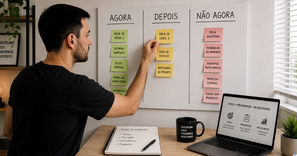 Quadro dividido em três colunas: Agora, Depois e Não Agora, com ideias sendo organizadas visualmente, notebook ao lado e ambiente limpo representando priorização estratégica.