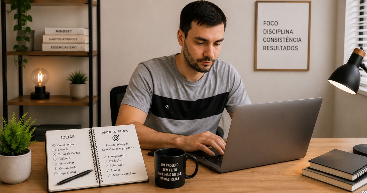 Criador trabalhando com tranquilidade em um único projeto no notebook enquanto outras ideias permanecem organizadas em um caderno ao lado, ambiente transmitindo foco, continuidade e construção sustentável.