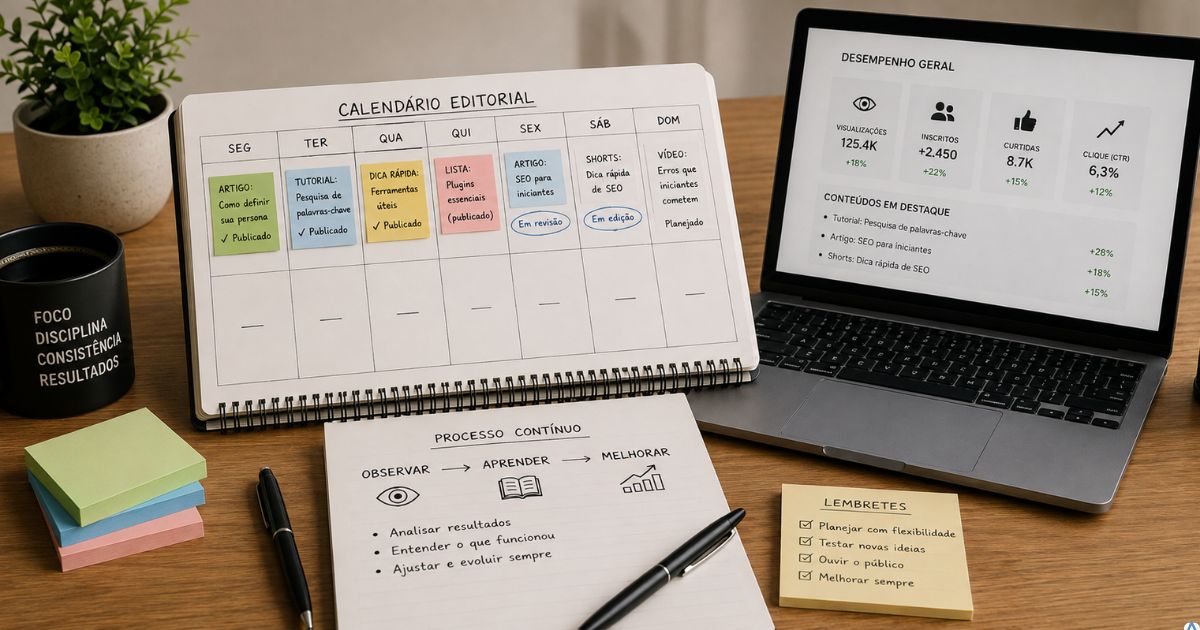 Calend�rio editorial aberto com alguns conte�dos conclu�dos e outros sendo ajustados, anota��es mostrando observar, aprender e melhorar, visual organizado e realista, representando planejamento flex�vel.