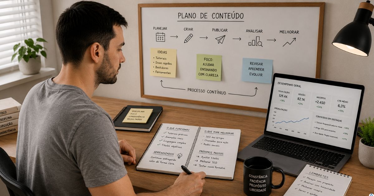 Criador revisando um plano simples de conte�do ap�s analisar resultados no notebook, com anota��es e setas mostrando progresso cont�nuo, ambiente calmo representando aprendizado, melhoria e constru��o de longo prazo.