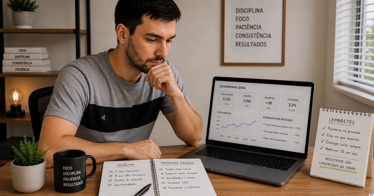 Criador de conte�do analisando resultados modestos no notebook e avaliando sua estrat�gia antes de fazer mudan�as no projeto digital.