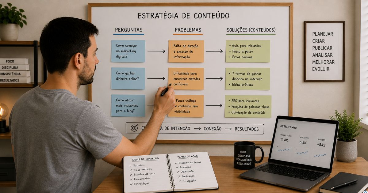 Pessoa organizando conte�dos em um quadro com perguntas, problemas e solu��es conectados por setas, visual minimalista mostrando clareza de inten��o e estrat�gia de conte�do.