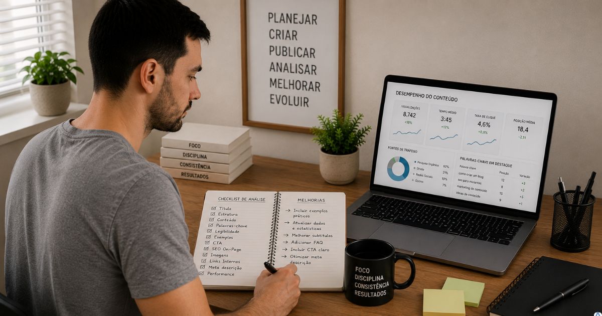 Criador revisando uma checklist de an�lise de conte�do com gr�ficos discretos no notebook e anota��es de melhorias, ambiente calmo transmitindo aprendizado, consist�ncia e evolu��o.