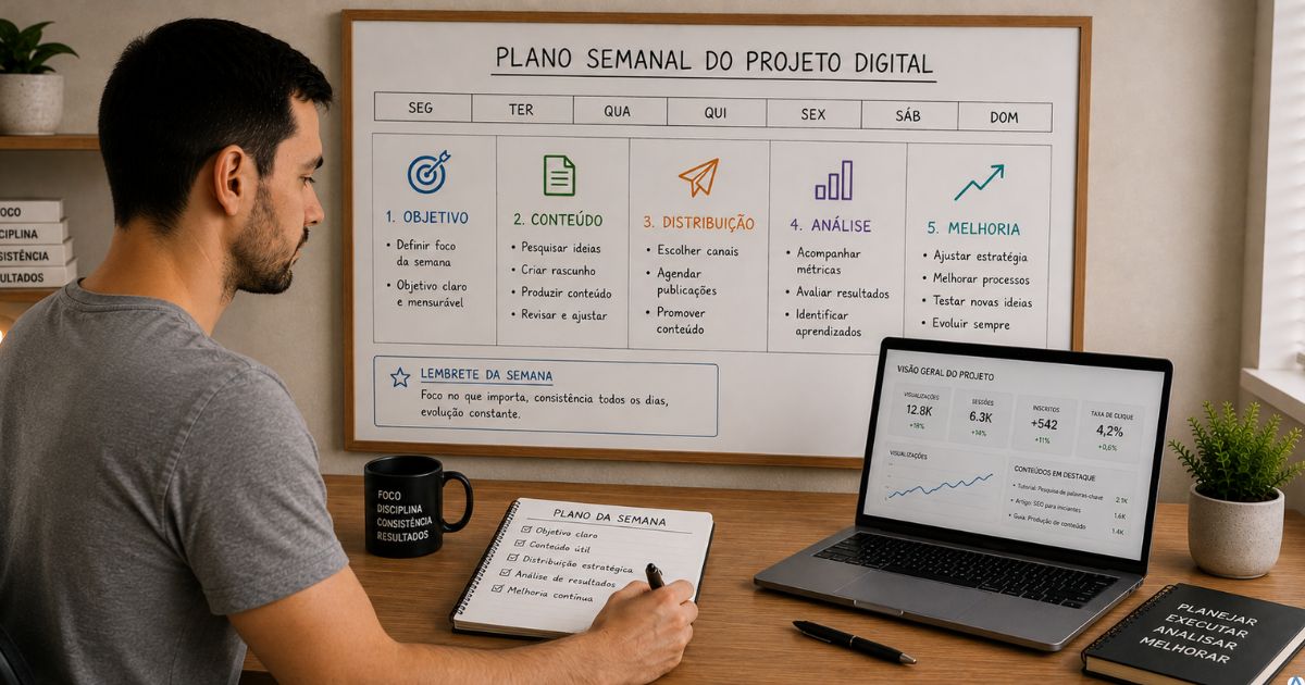 Criador organizando um projeto digital em um planejamento semanal com objetivo, conte�do, distribui��o, an�lise e melhoria.