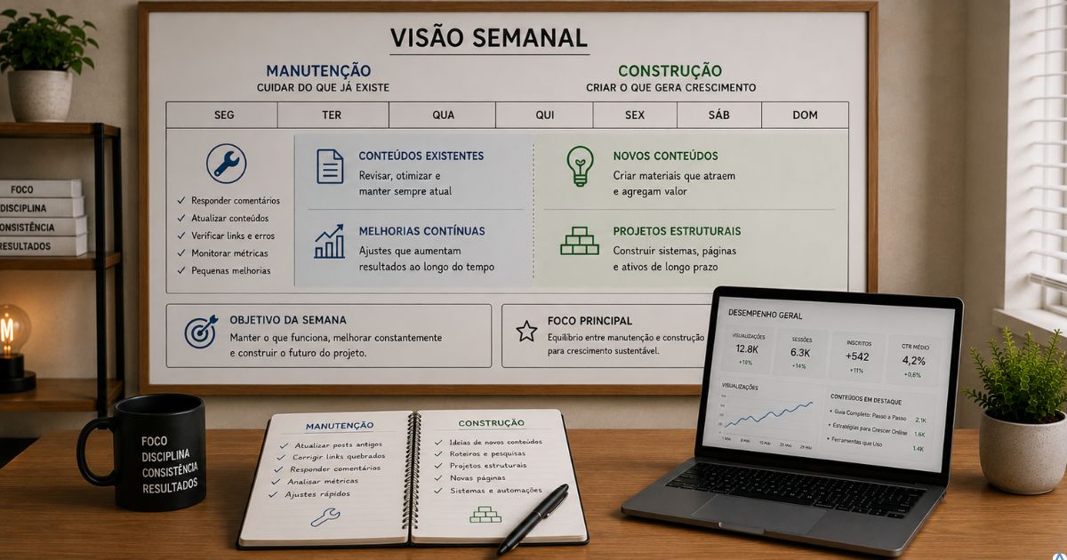 Vis�o semanal dividida entre tarefas de manuten��o e tarefas de constru��o, com destaque visual para conte�dos, melhorias e projetos estruturais, est�tica limpa e estrat�gica.