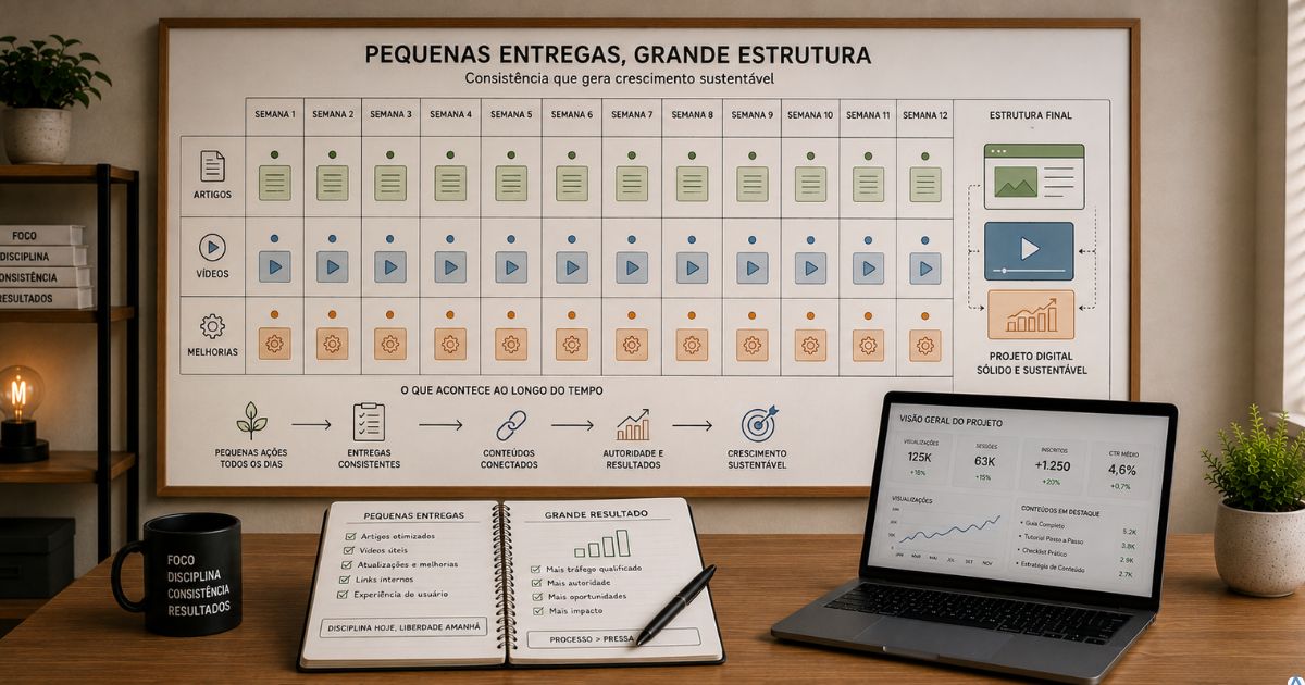 Calend�rio mostrando v�rias semanas de pequenas entregas acumuladas formando uma estrutura digital maior, artigos, v�deos e melhorias conectados, visual minimalista representando consist�ncia e crescimento sustent�vel.