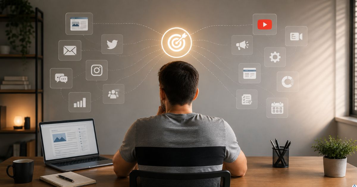 Pessoa definindo prioridades no marketing digital entre blog, YouTube, redes sociais, e-mail e diferentes ferramentas