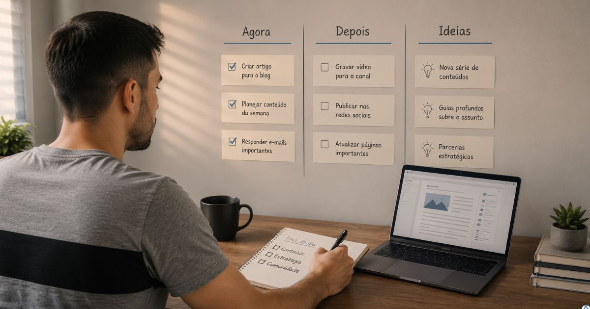 Organiza��o simples em tr�s colunas escritas Agora, Depois e Ideias, com poucas tarefas priorit�rias destacadas, notebook e bloco de notas, estilo minimalista e profissional, sensa��o de foco e organiza��o mental.></p><p><br></p><h2><strong style=
