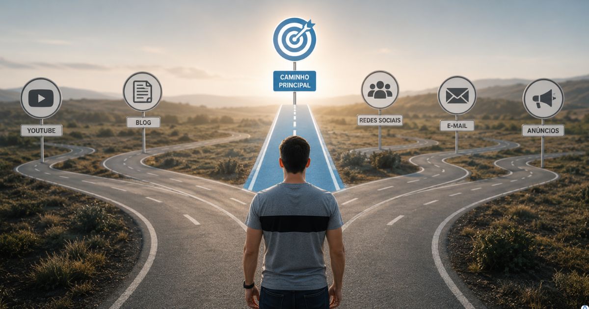 Estrada digital com v�rios caminhos representando YouTube, blog, redes sociais, e-mail e an�ncios, enquanto uma pessoa escolhe conscientemente um caminho principal, visual limpo, conceito de foco e prioridade.