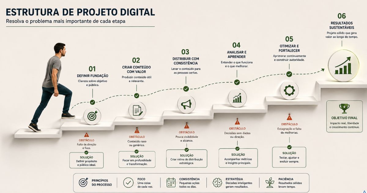 Estrutura de projeto digital com pequenos obst�culos em sequ�ncia, uma pessoa avan�ando passo a passo ao resolver o problema mais importante de cada etapa, representa��o visual de progresso estrat�gico, estilo limpo e moderno.