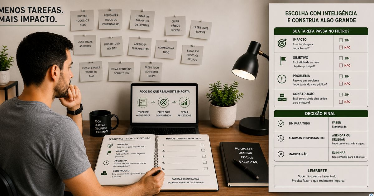 Pessoa avaliando poucas tarefas importantes em uma lista com perguntas sobre impacto, objetivo, problema e constru��o, enquanto tarefas secund�rias ficam ao fundo, ambiente de trabalho minimalista, conceito de decis�o estrat�gica.