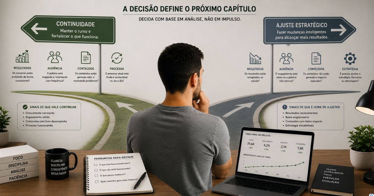 Pessoa analisando quando continuar ou ajustar uma estrat�gia de projeto digital