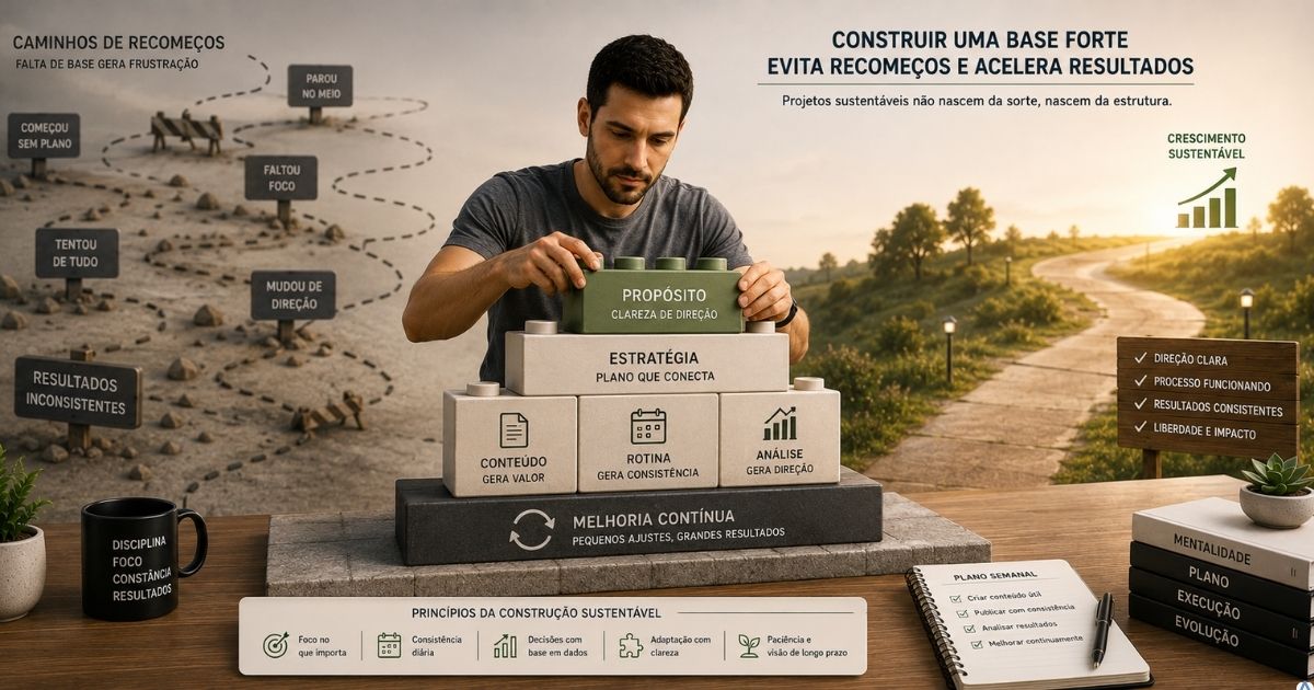 Pessoa construindo um projeto digital com estrat�gia, rotina, an�lise e melhoria.