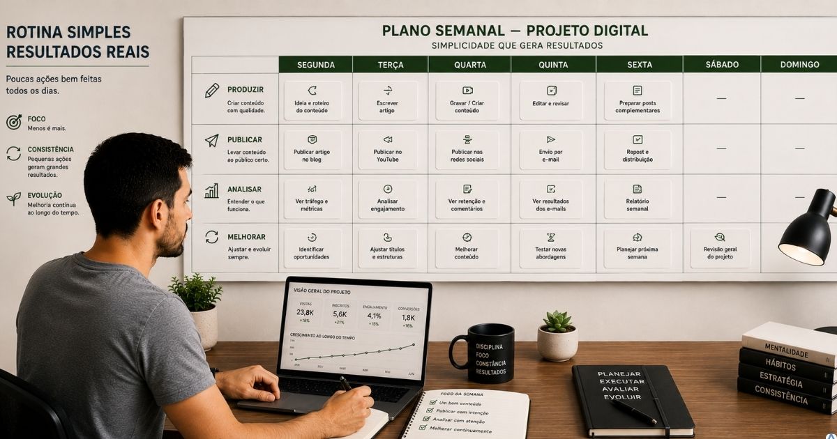 Calend�rio semanal minimalista de um projeto digital com poucas tarefas essenciais organizadas em etapas: produzir, publicar, analisar e melhorar, pessoa trabalhando com tranquilidade diante do planejamento, conceito de rotina sustent�vel e simplicidade.