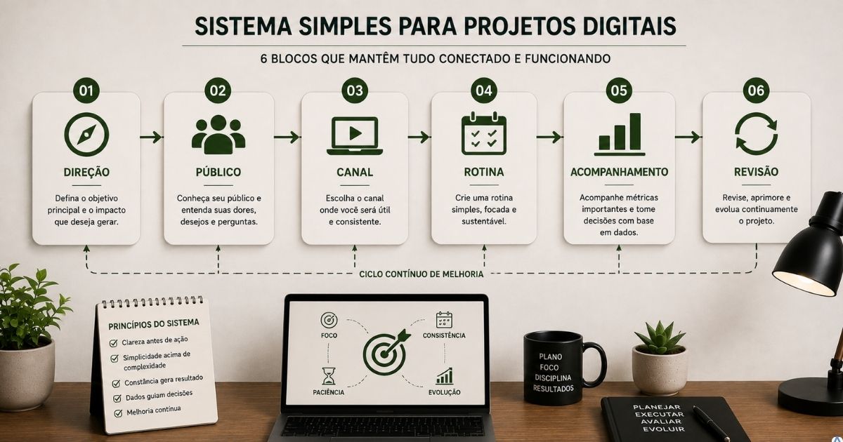 Vis�o organizada de um sistema simples para projeto digital, seis blocos conectados representando dire��o, p�blico, canal, rotina, acompanhamento e revis�o, visual minimalista, profissional e educativo, sensa��o de clareza e continuidade.