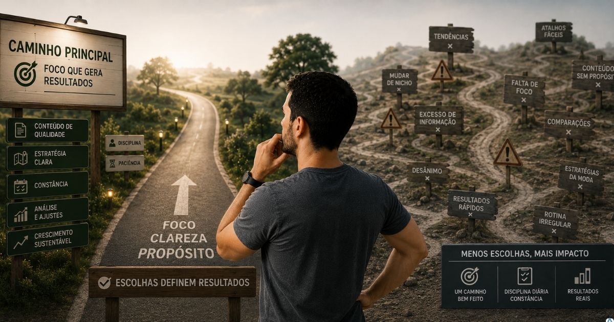 Criador de conteúdo escolhendo uma decisão estratégica importante para seu projeto digital.