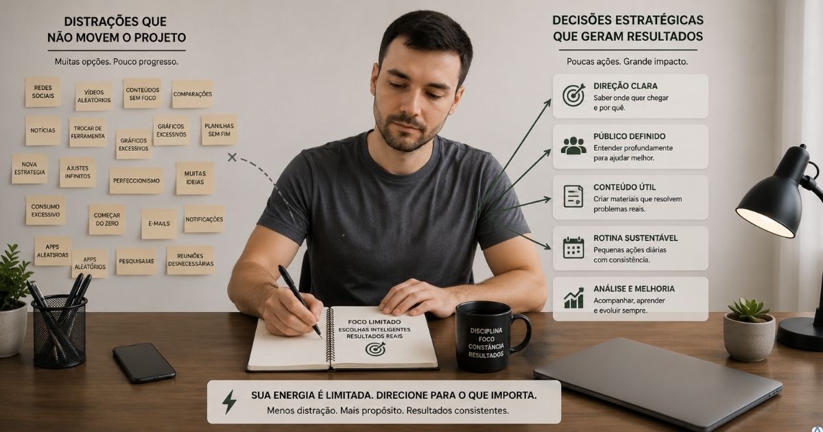 Mesa de trabalho com poucas decisões estratégicas destacadas e dezenas de pequenas distrações sendo deixadas de lado, visual minimalista, pessoa escolhendo prioridades com foco, representação simbólica de energia e atenção sendo direcionadas para o que realmente move um projeto digital.