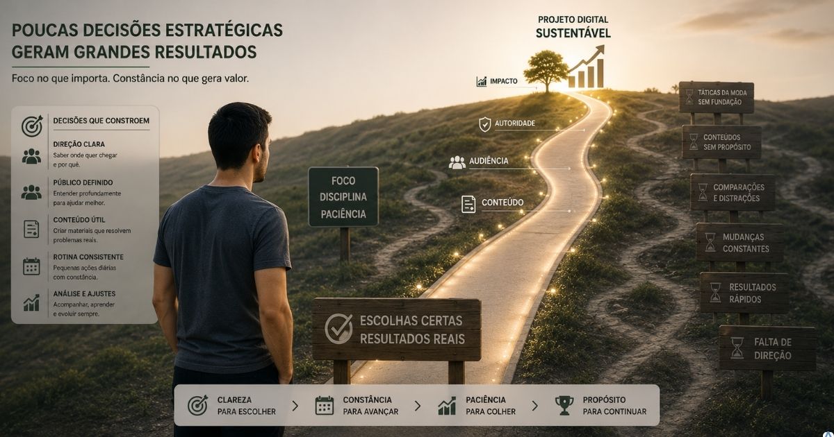 Projeto digital crescendo a partir de poucas decisões estratégicas bem escolhidas, caminho principal claramente iluminado enquanto vários caminhos secundários permanecem em espera, visual conceitual minimalista, profissional, sensação de foco, progresso e construção de longo prazo.