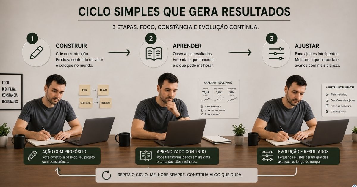 Fluxo visual simples mostrando tr�s etapas conectadas: construir, aprender e ajustar, pessoa trabalhando em um projeto digital e avan�ando de uma etapa para outra, est�tica limpa e profissional, conceito de evolu��o cont�nua e uso inteligente do tempo.