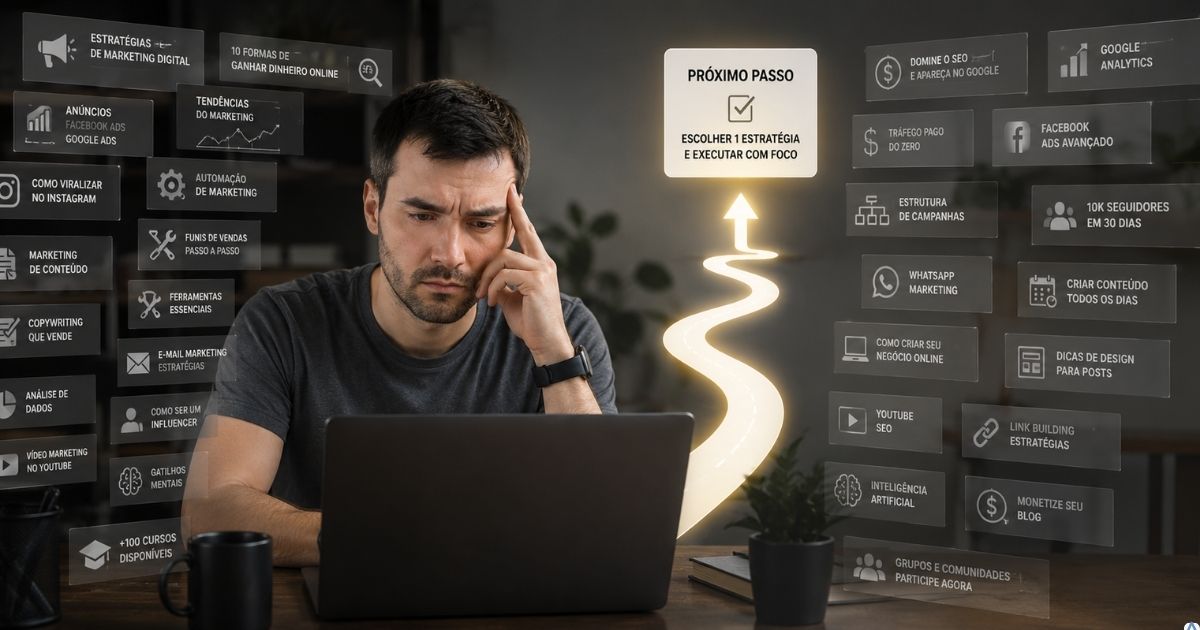 Pessoa confusa diante do excesso de informações sobre marketing digital, tentando identificar o que aprender primeiro.