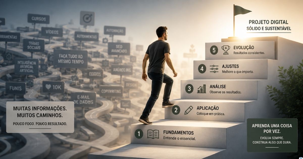 Ilustração conceitual de uma pessoa subindo uma escada composta por poucos degraus, cada degrau representando uma etapa de aprendizado em um projeto digital, enquanto muitos caminhos e informações ficam ao fundo desfocados, destacando a ideia de aprender uma coisa por vez conforme o projeto evolui, estilo moderno e minimalista, profissional, cores equilibradas, formato horizontal para artigo de blog.