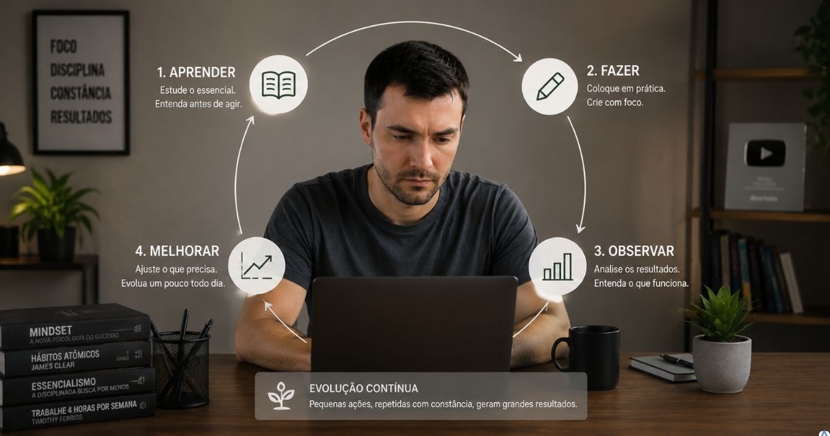 Pessoa trabalhando em um projeto digital diante do computador, com um ciclo visual discreto ao redor representando aprender, fazer, observar e melhorar, mostrando evolução gradual em vez de excesso de informação, ambiente organizado, sensação de clareza, progresso e construção de longo prazo, fotografia realista e editorial, composição horizontal, visual profissional e limpo.