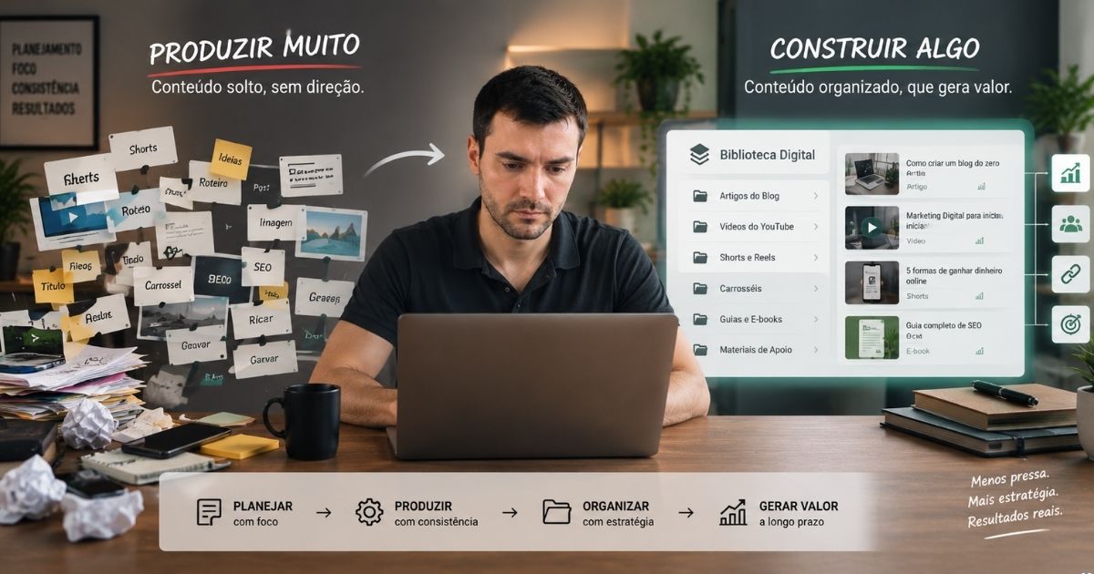 Pessoa organizando conteúdos digitais para transformar produção dispersa em um projeto estruturado.