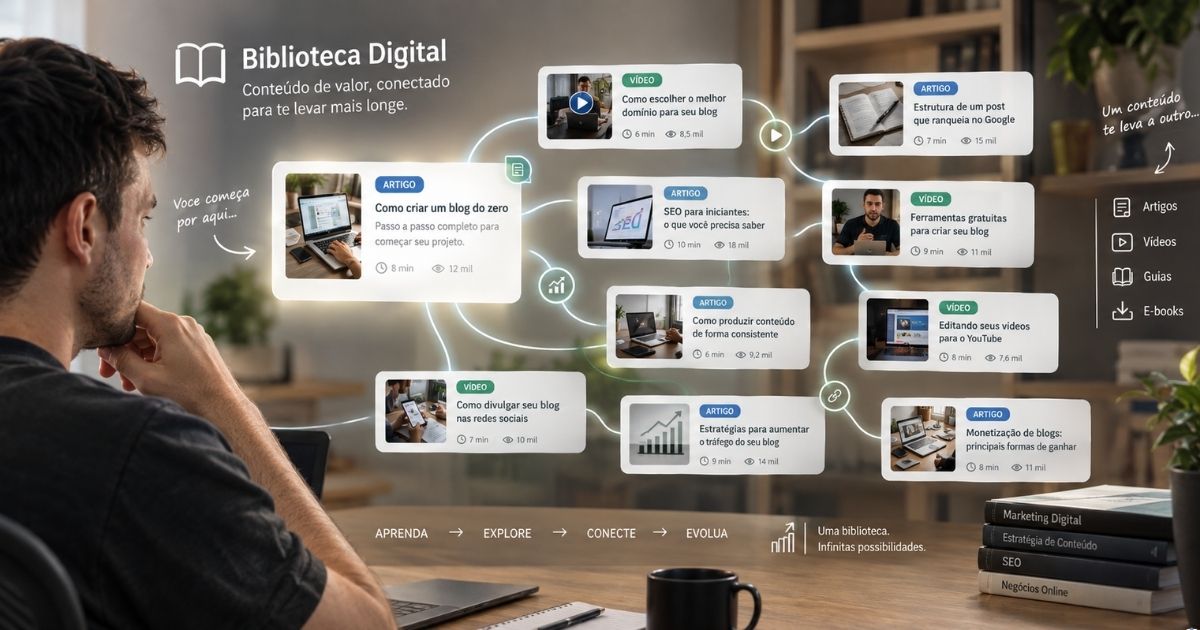 Representação visual de uma biblioteca digital construída com artigos, vídeos e conteúdos conectados por caminhos naturais, mostrando uma pessoa entrando por um conteúdo e encontrando vários outros relacionados, sensação de descoberta e continuidade, estética moderna e minimalista, elementos digitais sutis, fotografia conceitual realista, formato horizontal para artigo de blog.
