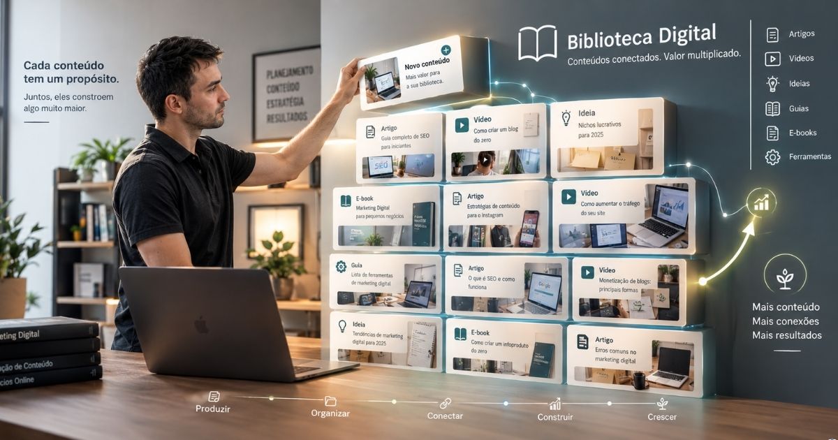 Grande biblioteca digital crescendo gradualmente, formada por diversos conteúdos organizados e conectados ? artigos, vídeos, ideias e conhecimentos ? com uma pessoa adicionando uma nova peça à estrutura, mostrando que cada novo conteúdo se torna parte de algo maior, sensação de construção de longo prazo, crescimento gradual e consistência, estilo editorial moderno, realista e profissional, composição horizontal para blog.
