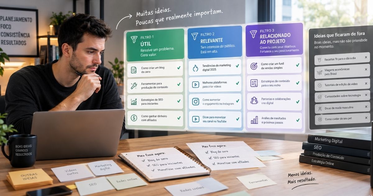 Criador de conte�do selecionando ideias de temas com base na utilidade e relev�ncia para seu projeto.