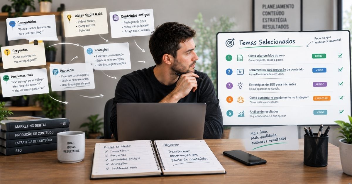 Mesa de trabalho com diferentes fontes de ideias de conte�do representadas por coment�rios, perguntas, conte�dos antigos, anota��es e problemas reais, todos convergindo para um �nico quadro organizado de temas selecionados, conceito de transformar observa��o em pauta, estilo editorial moderno, realista, profissional e minimalista, formato horizontal para blog.