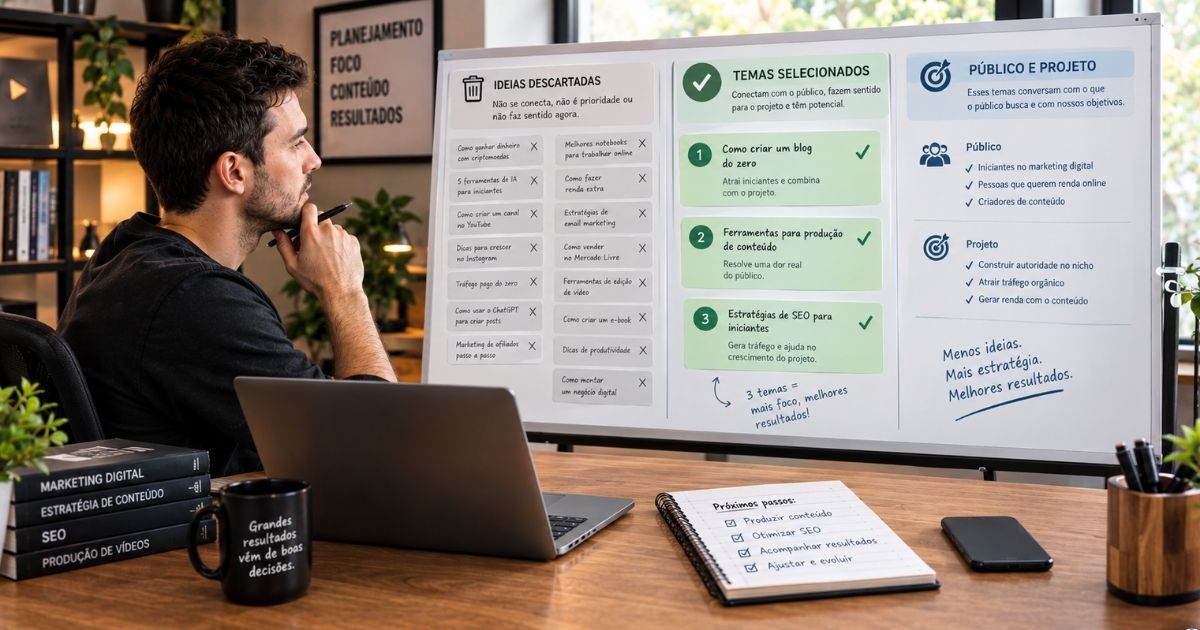 Criador de conte�do analisando uma pequena sele��o final de temas em um quadro, descartando v�rias ideias e escolhendo poucas que se conectam claramente ao p�blico e ao projeto, sensa��o de clareza, foco e decis�o estrat�gica, ambiente de trabalho organizado, fotografia realista e editorial, composi��o horizontal, visual moderno e profissional.