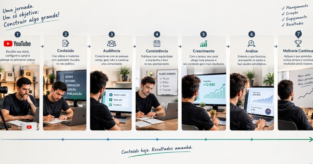 Jornada visual de criação de conteúdo representada por uma sequência de etapas conectadas: YouTube, conteúdo, audiência, consistência, crescimento, análise e melhoria, com uma mesma pessoa avançando gradualmente por cada etapa, mostrando evolução dentro de um único universo temático, estilo editorial moderno, realista, profissional, composição horizontal e limpa.