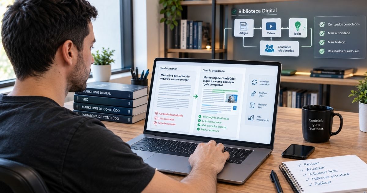 Cena profissional mostrando um criador de conte�do revisando e atualizando um artigo antigo em um computador. Na tela, uma vers�o anterior do conte�do sendo comparada com uma vers�o atualizada, com pequenos elementos visuais representando revis�o, atualiza��o, links e melhoria. Ao fundo, uma biblioteca digital organizada com conte�dos conectados. Atmosfera de trabalho estrat�gico e cont�nuo, sem apar�ncia futurista exagerada, composi��o limpa e realista, formato horizontal.