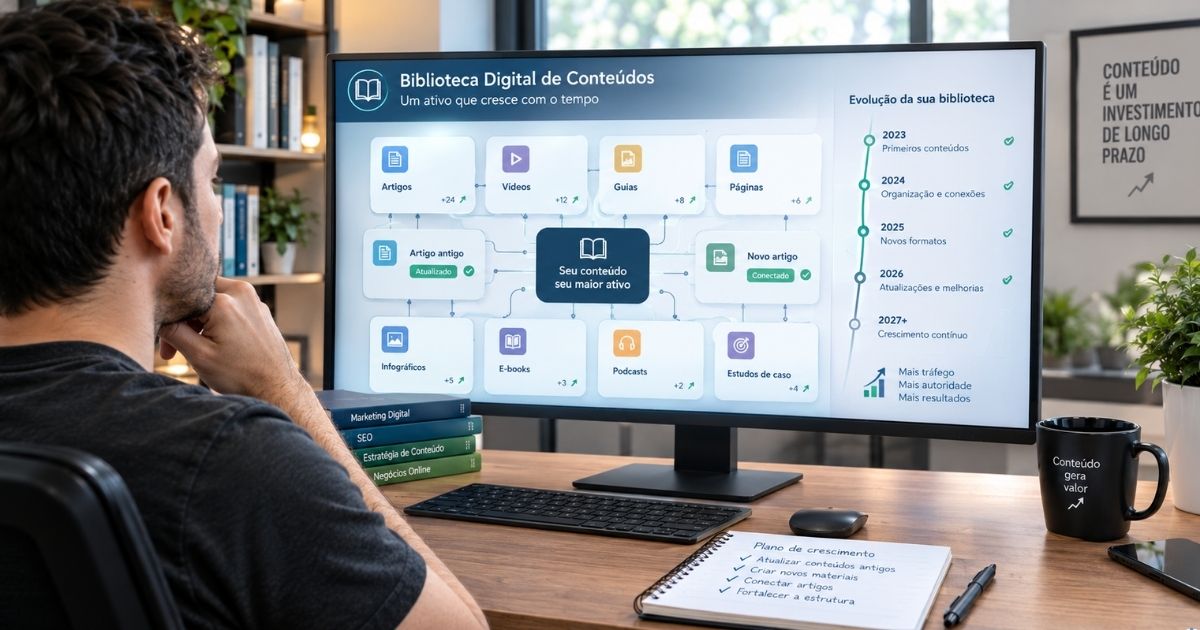 Imagem conceitual realista mostrando uma grande biblioteca digital organizada crescendo ao longo do tempo. Diversos conte�dos, artigos, v�deos, guias e p�ginas, aparecem como blocos conectados formando uma estrutura s�lida. Alguns conte�dos antigos est�o sendo atualizados e conectados a novos materiais. Sensa��o visual de ac�mulo, organiza��o, continuidade e constru��o de um ativo digital de longo prazo. Criador observando a estrutura em uma tela, ambiente profissional e simples, formato horizontal.