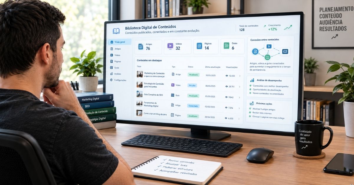 Criador de conteúdo analisando e atualizando uma biblioteca digital já publicada