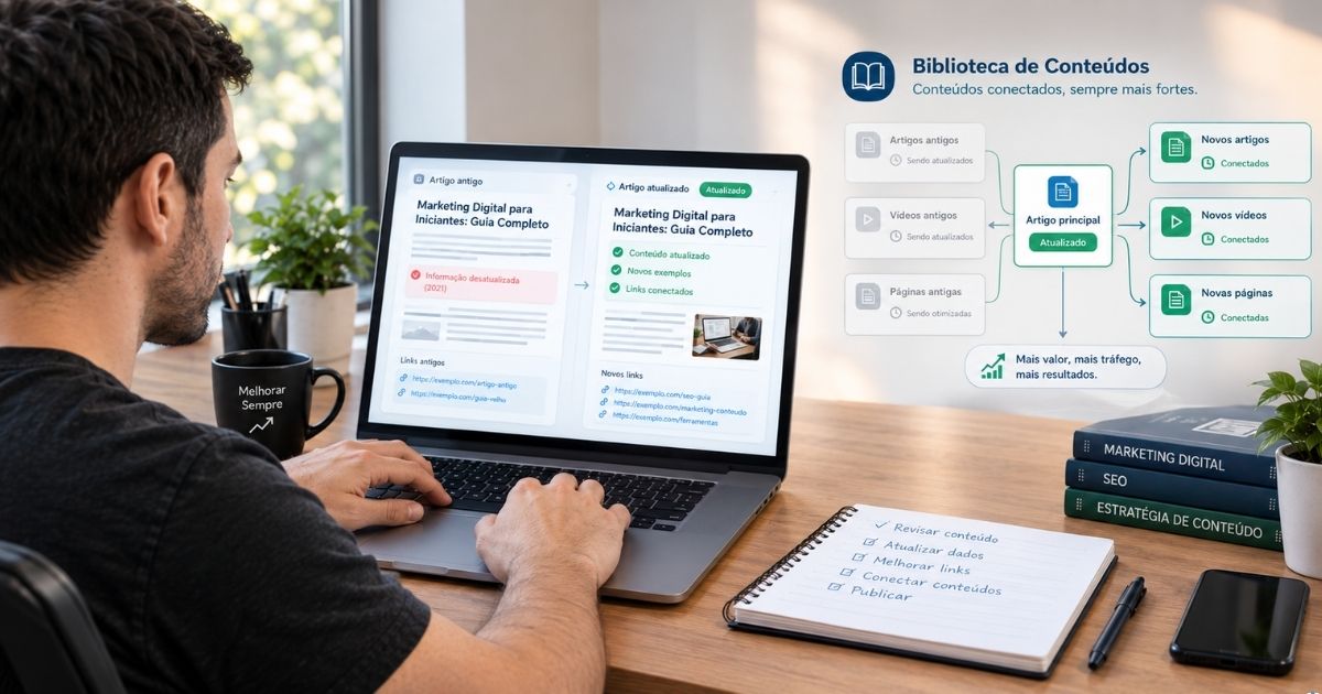 Cena realista de um criador revisando um conteúdo antigo em um notebook. A tela mostra um artigo sendo atualizado, com trechos revisados, informações renovadas e links sendo conectados a outros conteúdos. Ao lado, uma representação discreta de conteúdos antigos e novos formando uma biblioteca organizada. Visual limpo, profissional, natural e estratégico, transmitindo melhoria contínua sem excesso de elementos tecnológicos, formato horizontal.