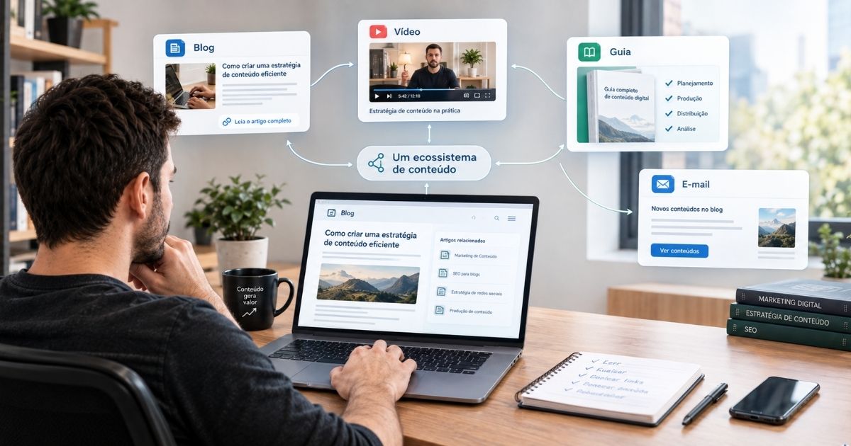 Imagem conceitual realista mostrando um ecossistema de conte�do digital formado por quatro elementos integrados: blog, v�deo no computador, guia digital e e-mail. Os quatro elementos aparecem conectados por linhas ou caminhos sutis, formando uma rede organizada e natural, sem apar�ncia de processo de vendas. Uma pessoa navega de um conte�do para outro de forma intuitiva. Visual profissional, minimalista, equilibrado e acolhedor, formato horizontal.