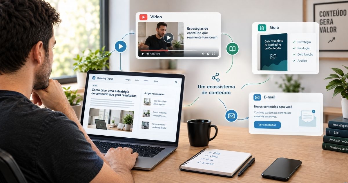 Imagem editorial realista mostrando uma biblioteca digital madura, com diversos artigos e v�deos conectados em uma rede organizada. Um leitor entra por um conte�do e encontra diferentes caminhos relevantes para continuar, enquanto conte�dos antigos e novos se conectam entre si. Algumas conex�es s�o curtas e outras mais profundas, mas sem excesso visual. Sensa��o de ecossistema, organiza��o e descoberta cont�nua. Estilo moderno, profissional e natural, formato horizontal.