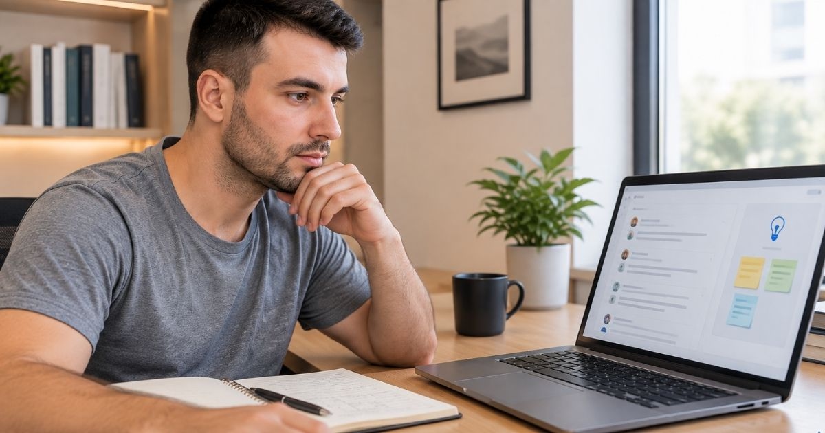Imagem horizontal, estilo editorial realista, criador de conte�do lendo coment�rios e anota��es em uma tela enquanto organiza ideias para novos conte�dos, poucos coment�rios por�m claramente relevantes, ambiente simples e profissional, sensa��o de aprendizado a partir da audi�ncia, composi��o limpa, sem textos leg�veis ou logotipos.