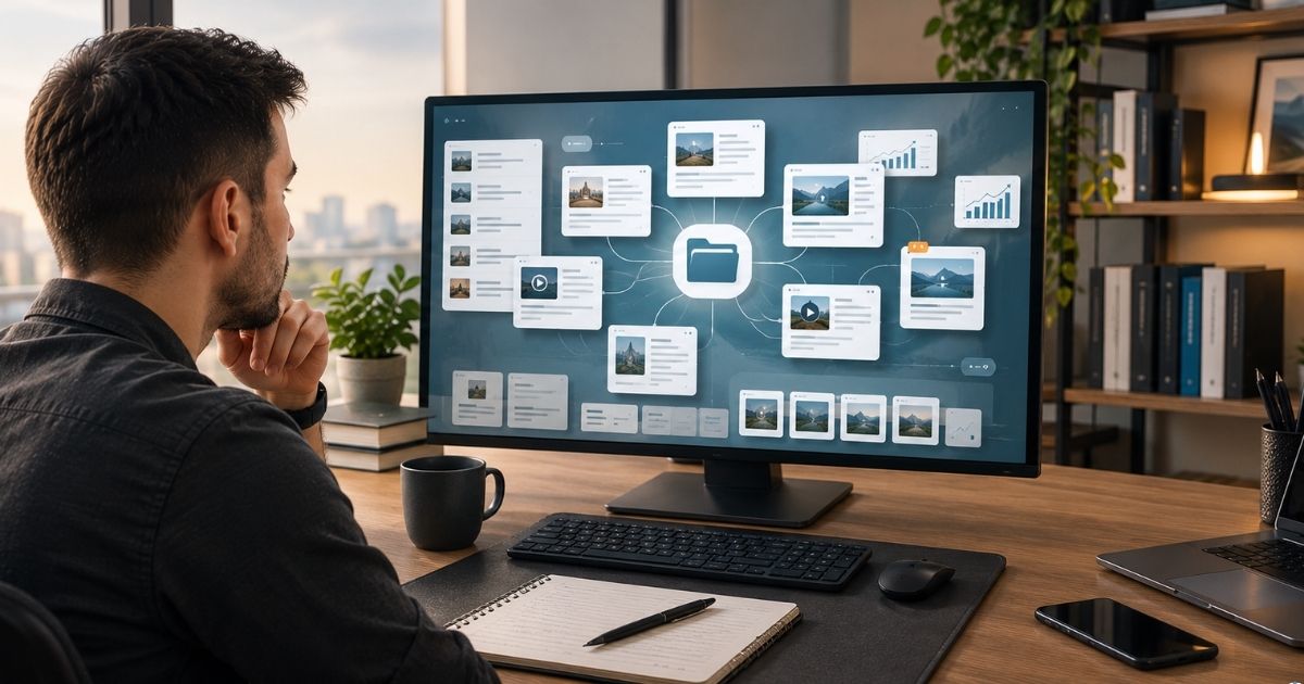 Imagem horizontal, estilo editorial moderno e realista, vis�o de uma biblioteca digital de conte�dos conectados em uma tela, v�rios conte�dos antigos e novos formando uma rede organizada, pequenos indicadores de crescimento gradual, criador observando a estrutura com express�o de compreens�o e planejamento, sensa��o de evolu��o cont�nua e constru��o de longo prazo, sem textos leg�veis ou logotipos.