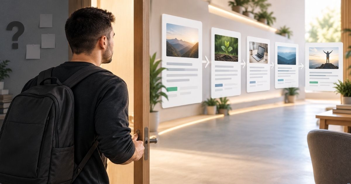 Imagem horizontal, estilo editorial realista, uma pessoa atravessando uma porta que representa a entrada em um conteúdo digital e encontrando uma sequência clara de informações à frente, conceito visual de promessa e entrega, composição limpa e profissional, sensação de coerência entre expectativa e experiência, sem textos, números ou logotipos.