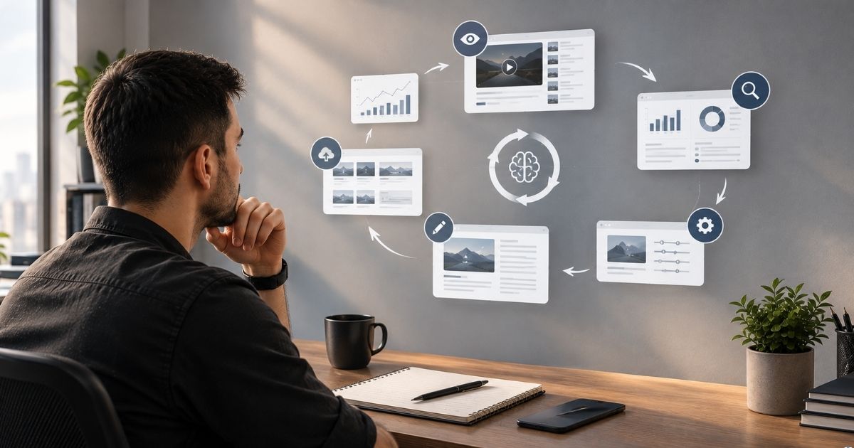 Imagem horizontal, estilo editorial moderno e realista, criador de conteúdo diante de uma parede digital com diferentes indicadores conectados por setas formando um ciclo de aprendizado, observar ? analisar ? ajustar ? produzir novamente, expressão tranquila e estratégica, ambiente profissional minimalista, sensação de evolução contínua, sem textos legíveis ou logotipos.