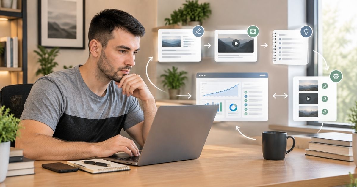 Imagem horizontal, estilo editorial realista e moderno, uma mesa com conte�dos digitais representados por p�ginas, v�deos e anota��es conectados a um painel de an�lise, pequenas melhorias sendo feitas em cada etapa, conceito visual de aprender com o que j� foi produzido e ajustar o projeto, ambiente limpo e profissional, sem textos leg�veis ou logotipos.