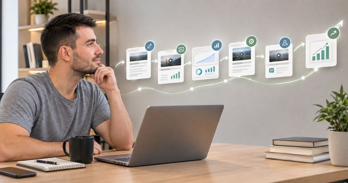 Imagem horizontal, estilo editorial moderno e realista, uma trajet�ria digital formada por v�rios pequenos blocos de conte�do conectados e crescendo gradualmente, cada bloco representando um ciclo de produ��o, an�lise e melhoria, criador observando a trajet�ria com express�o de compreens�o e confian�a tranquila, sensa��o de constru��o cont�nua e evolu��o acumulada, ambiente minimalista, sem textos leg�veis ou logotipos.