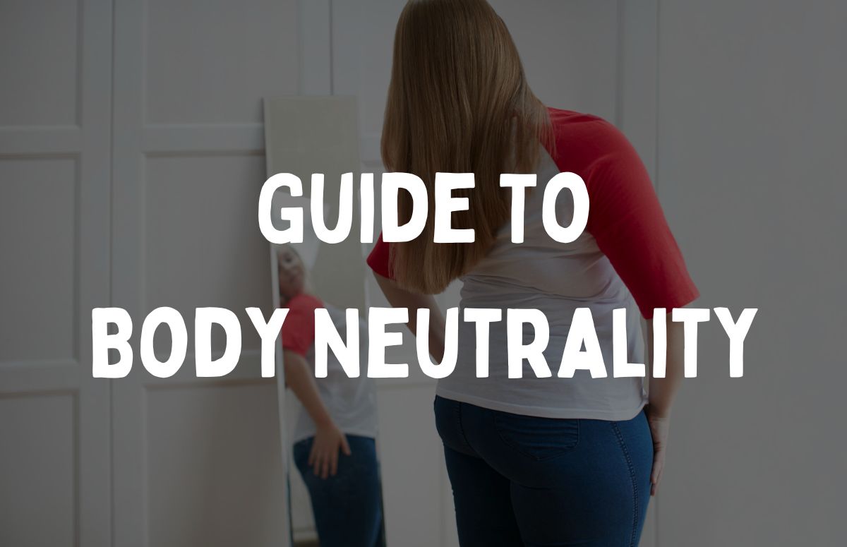 Image of person checking their body in mirror with text overlay
