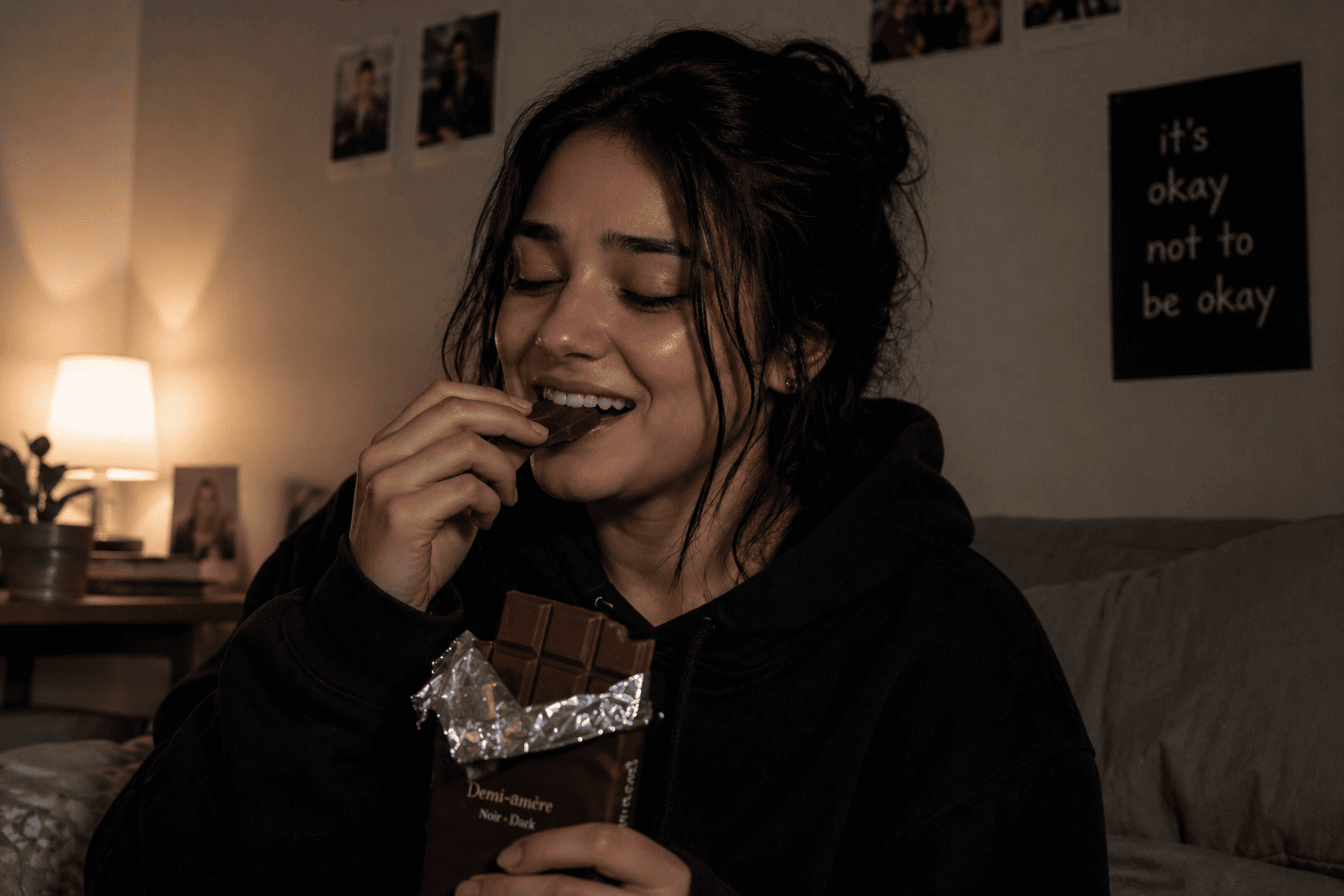 Person eating chocolate happily