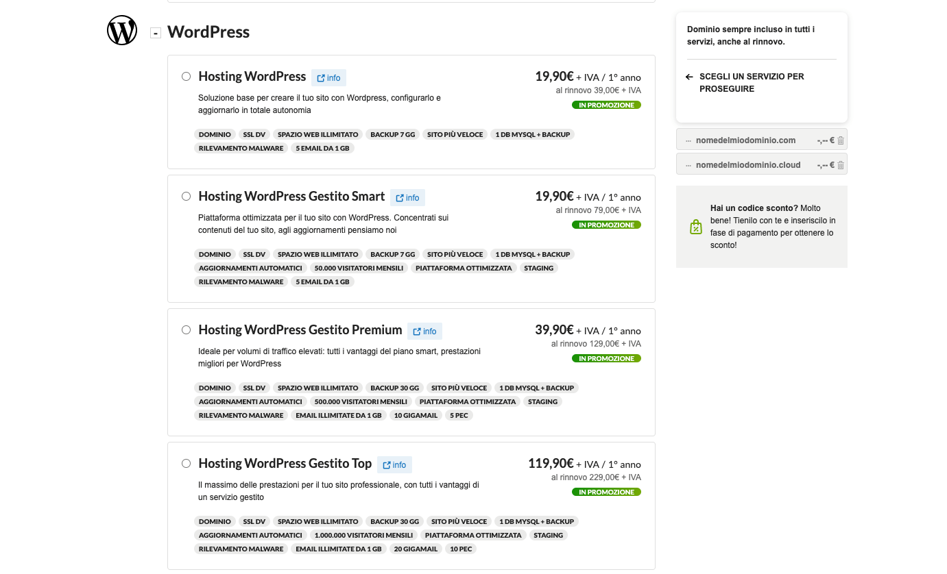 Scelta del servizio di Aruba per l'hosting in ambiente wordpress preinstallato