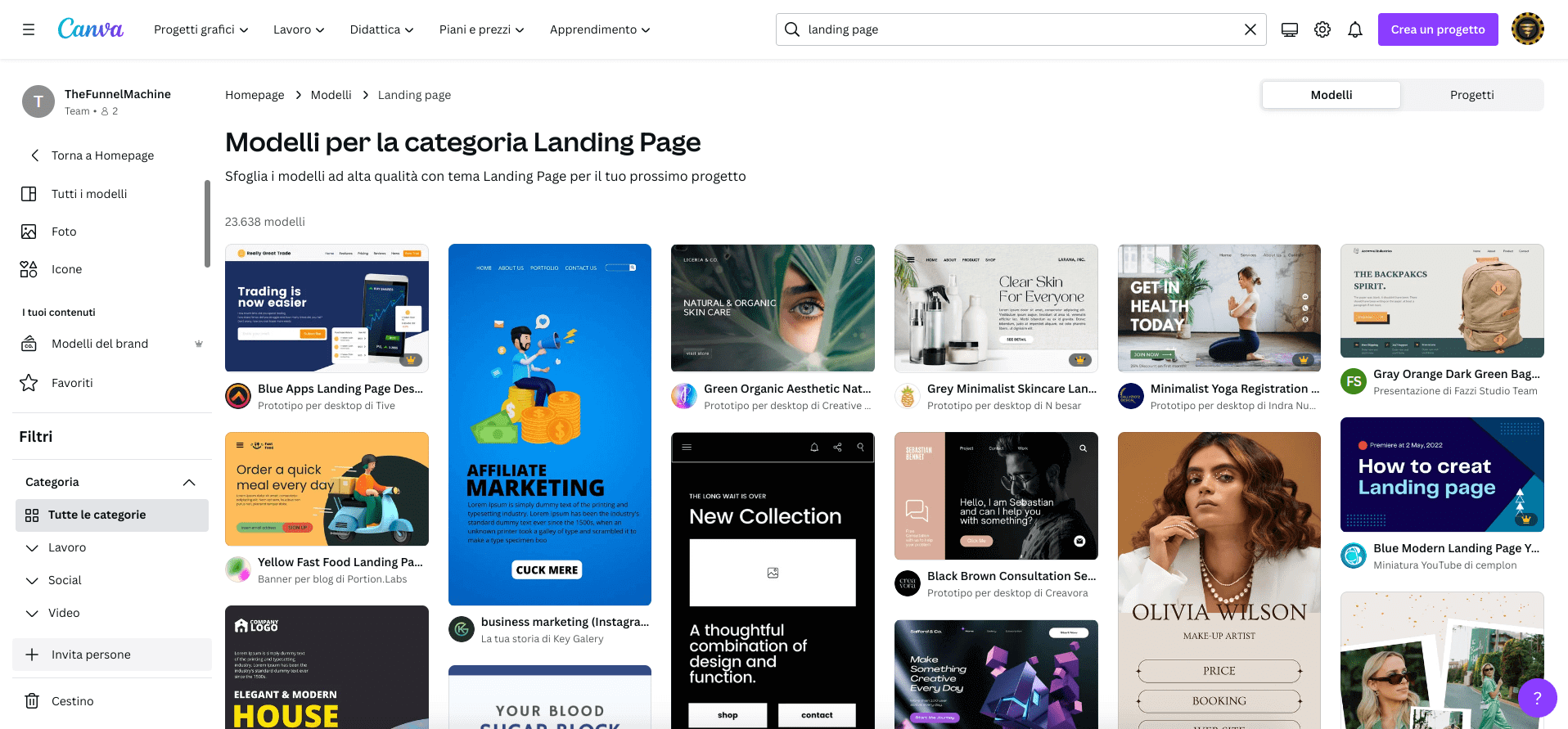 scegli il modello della tua nuova landing page su Canva