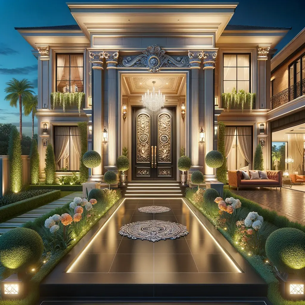 entrada majestosa que combina design impecvel com jardins paisagsticos